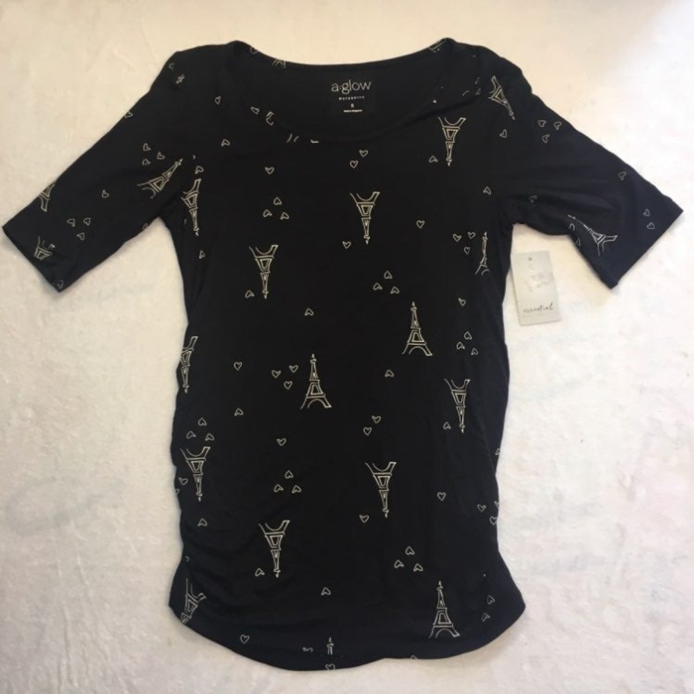 a:glow Maternity Top Women M Black NWT Eiffel Tower Heart Ruched Short Sleeve